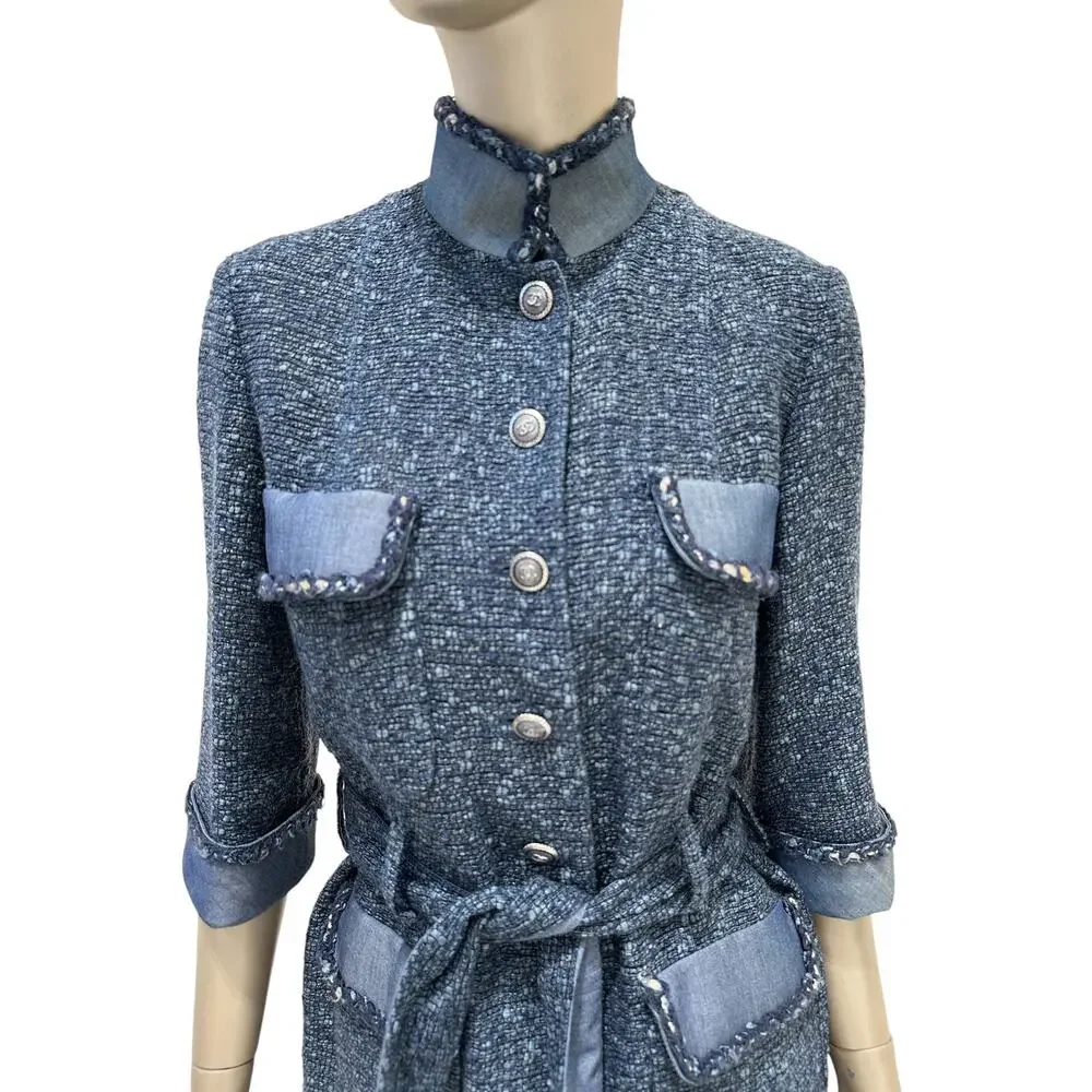 Chanel Spring 2012 Blue Tweed & Denim Belted Jacket FR 38